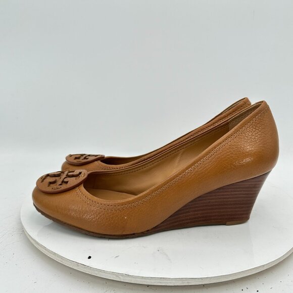 Tory Burch Women Size 8 Brown Logo Leather Slip On Wedges Shoes - Picture 1 of 12